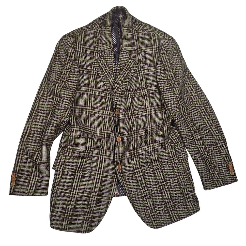 Etro Italy Mens Wool Blend Plaid Sport Coat Size 52 Brown, Purple, Black